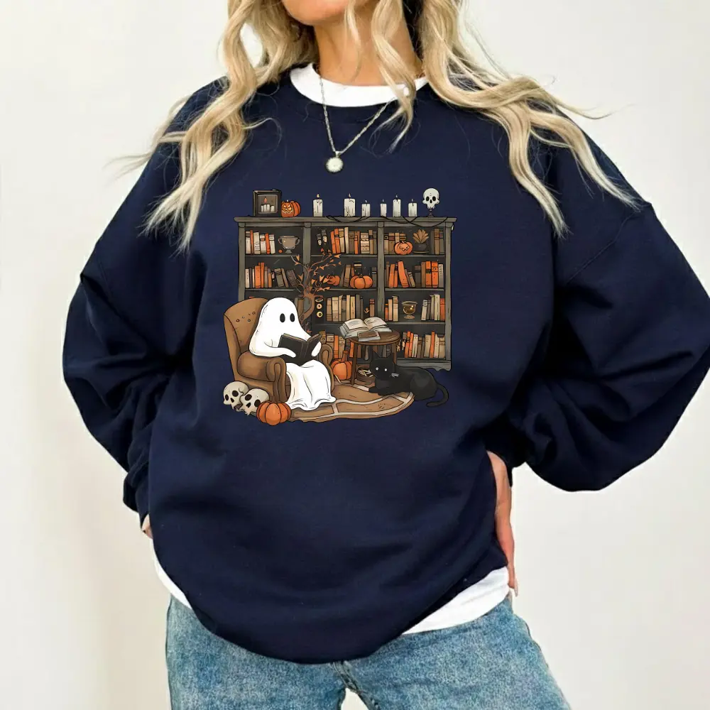 Ghost Reading Sweatshirt, Cozy Library Graphic Crewneck with Black Cat and Bookshelf, Halloween Gift for Readers