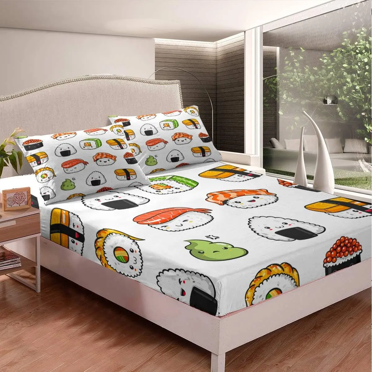 Feelyou 3D Print Kawaii Sushi Theme Microfiber Decorative Bedding Set - Soft Japanese Style Artistic & Character Fitted Sheet, Bed Cover, Available in Twin/Queen Sizes, Artistic Fitted Sheets, Character Fitted Sheets