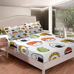 Feelyou 3D Print Kawaii Look Sushi Theme Microfiber Decorative Bedding Set - Soft Japanese Style Fitted Sheet & Bed Cover, Multi-Size for Twin/Queen Sizes,summervibes