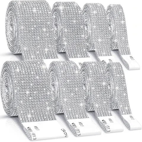 8-Roll Self-Adhesive Crystal Rhinestones Silver Bling Ribbon Set (0.4in,0.6in,0.7in,1.2in) - Mesh Backing Trimming, Strong Hotmelt Hold, Strong No-Fuss Stick for Home Improvement Wall Trim, Wallpaper Supplies, DIY Projects, Laptops, Shoes/Cups