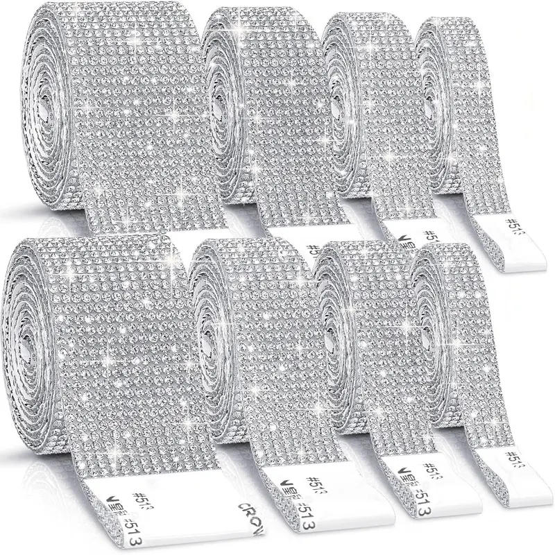 8-Roll Self-Adhesive Crystal Rhinestones Silver Bling Ribbon Set (0.4in,0.6in,0.7in,1.2in) - Mesh Backing Trimming, Strong Hotmelt Hold, Strong No-Fuss Stick for Home Improvement Wall Trim, Wallpaper Supplies, DIY Projects, Laptops, Shoes/Cups
