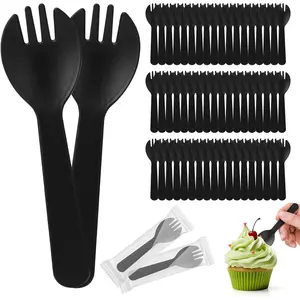 100pcs Mini Spork 4.2 Inch Individually Wrapped Plastic Black Small Cutlery Compact Disposable Fork Spoon Combo for Cake Appetizer Snacks Dessert Bar Parties Travel Use