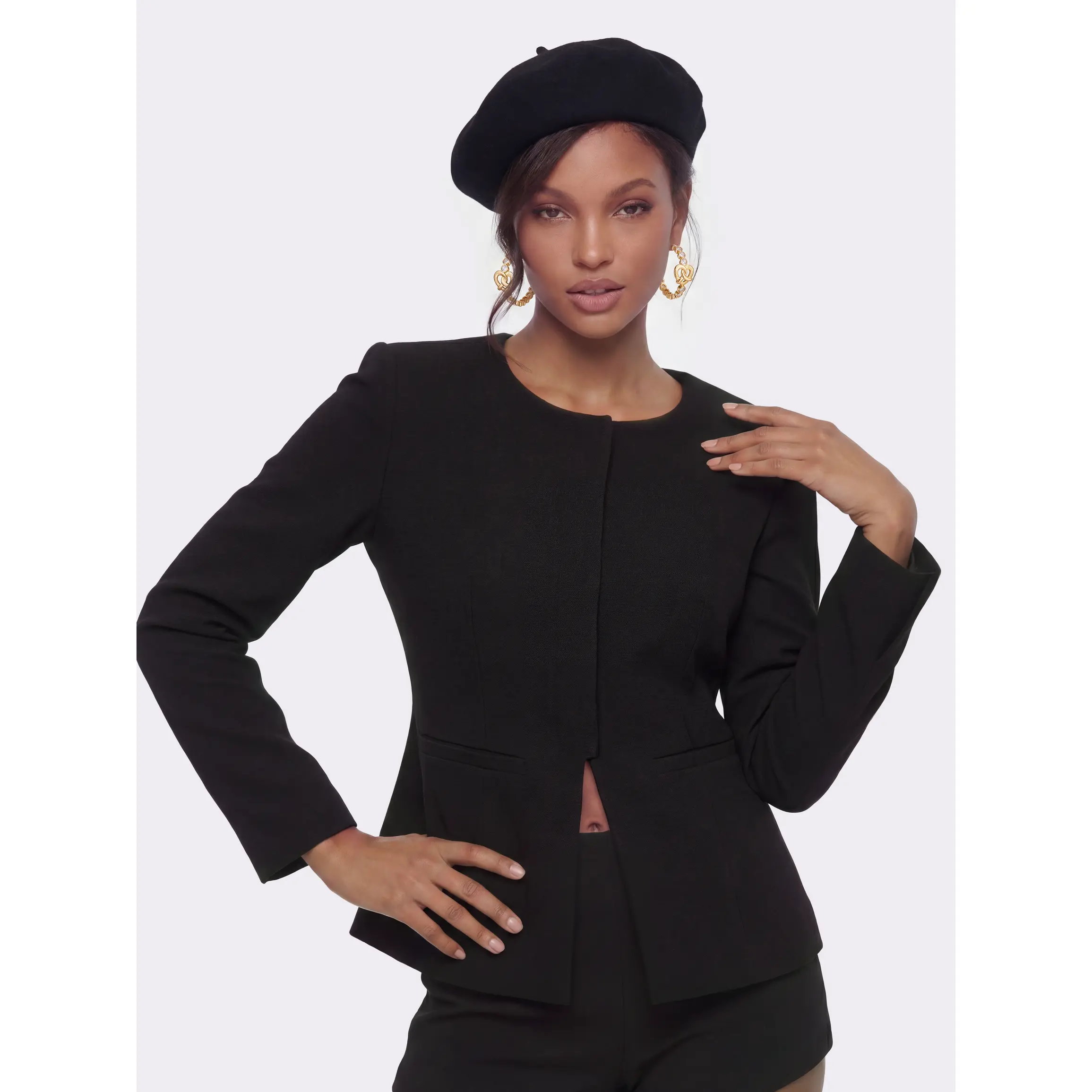 Natalia Tailored Hidden-Placket Black Blazer