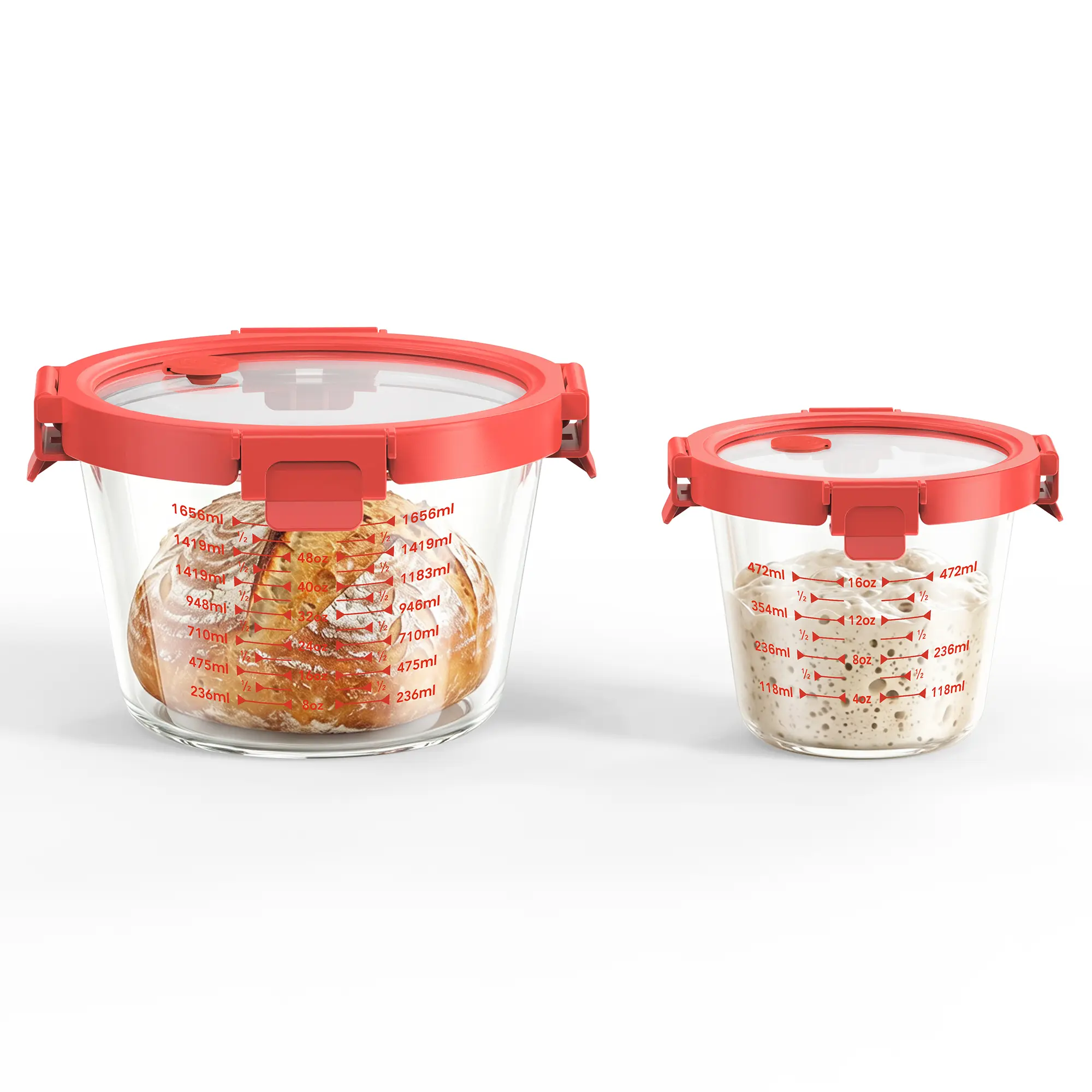 2-Pack Wide Mouth Borosilicate Glass Sourdough Starter Canister Set, 95oz Fermentation Storage Jars with Airtight Vent Plug Glass Lids, Silicone Reusable Mixing Utensils for Home Baking Proofing, Oven & Microwave Safe with Measurement Marks