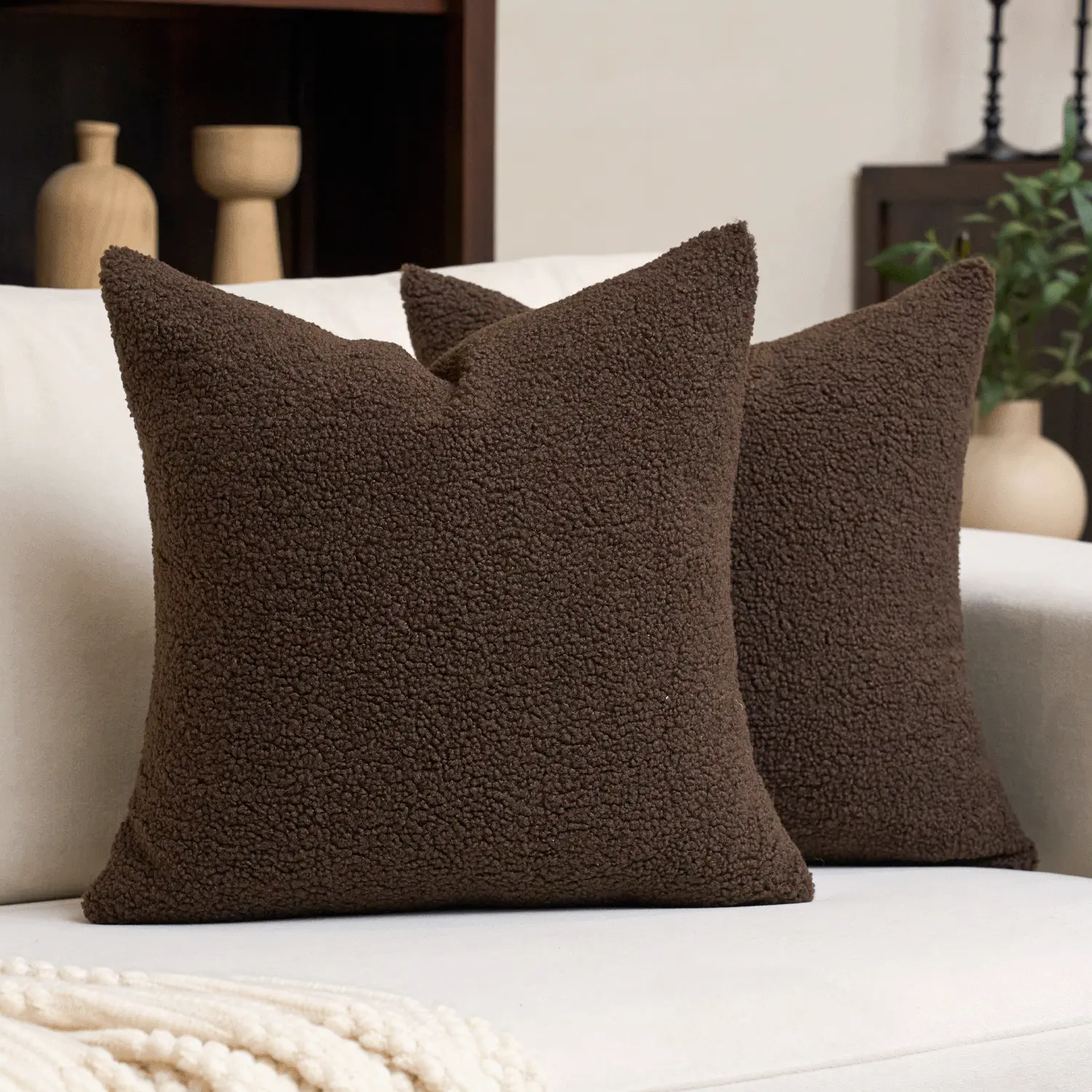 Durable Cushions 2-Piece Morandi Color Curly Teddy Faux Fur Sherpa Pillowcases - Multi-Size, Gentle Cycling Compatible, All-Season Soft Furry Cushion Covers, Removable Washable, Pillow Core Not Included, for Bed & Home Decoration