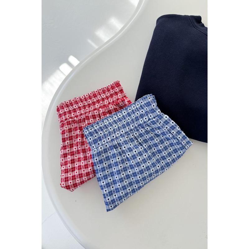 Love Letter Gingham Checkered Heart Ruffle Shorts in Red with Pockets Elastic Waistband & Lightweight Woven Fabric