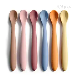 4/6 Pack Silicone Feeding Spoons, Training Spoon Set for Children, Soft Head First Stage Self-Feeding Utensils, Feeding Aid