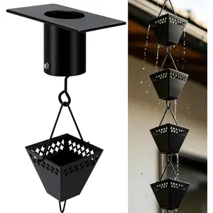 8.5FT Black Powder Coated Metal Rain Chains, Decorative Downspout Rain Catcher Diverter with V Gutter Clip for Outdoor Gutters
