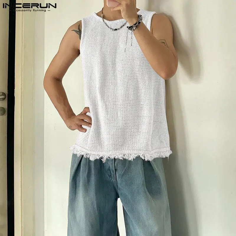 INCERUN Men's Sleeveless Boho Knit Oversized Fringe Vest - Stylish Casual Mens Clothing for Vacation, Festival Vibe Tops Apparel, Tank Top Casual, Hem, Knitted Vest, Men's Wear, Fringed, Sleeveless Loose, Streetwear Vest