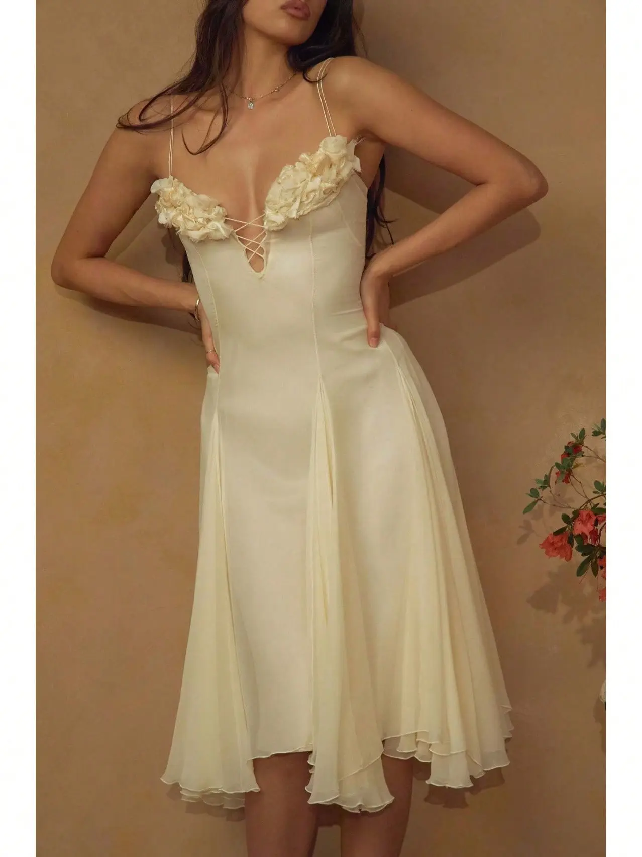 Women’s Floral Appliqué Corset Midi Dress - Lace-Up Chiffon Cami Evening Party Dress, lace-up chiffon dress, cami midi dress, elegant evening dress, wedding guest dress,