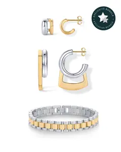 PAVOI 14K Yellow Gold & Rhodium Plated Two-Tone Mixed Metal Jewelry Set for Women – Double Hoop Earrings, Multi Hoop Geometric Earrings & Chunky Watch Strap Chain Bracelet - Tiktok Bundle