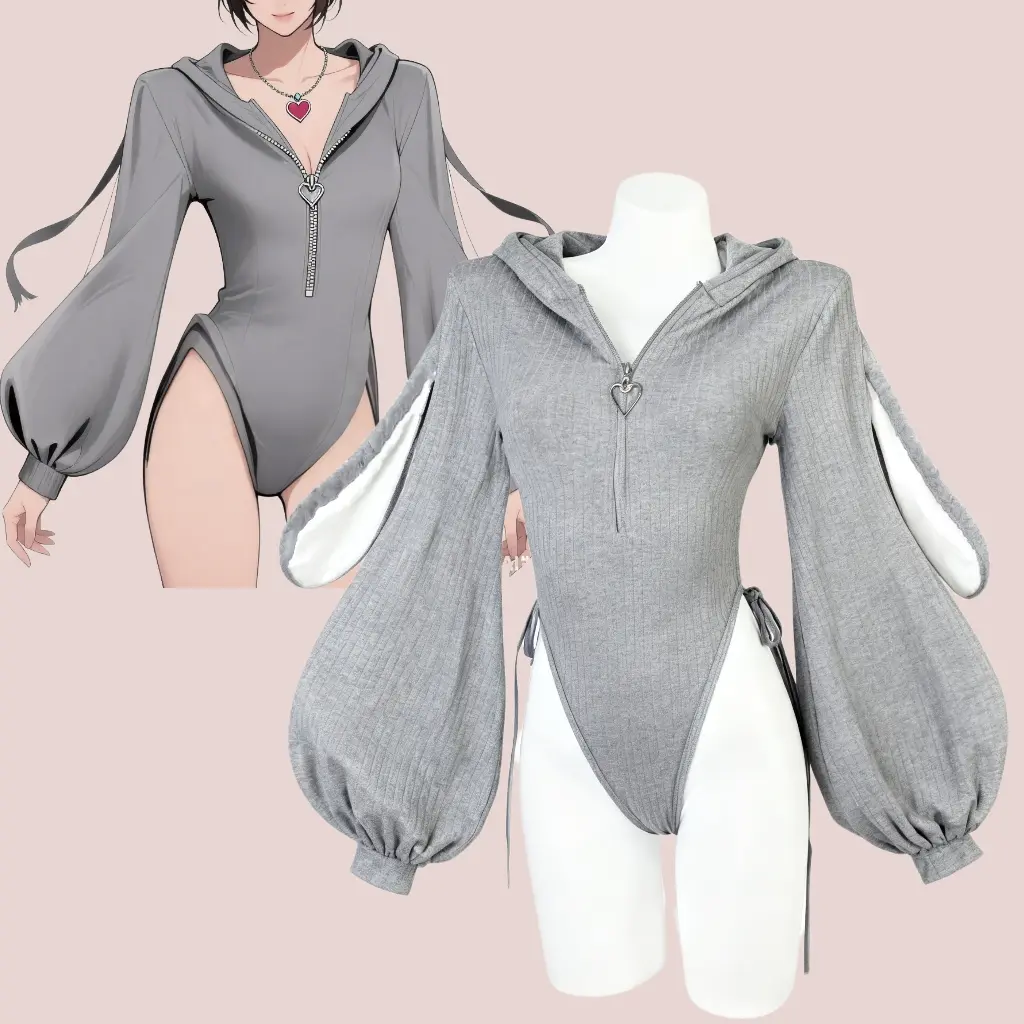 WIKKGIY Women's Cozy Knitted Whimsical Bunny Bodysuit - Nylon V-Neck Long Sleeve Skin-Friendly Lingerie with Fuzzy Hooded Ears, Charming Design, All Seasons Casual Costumes Clothes Womenswear
