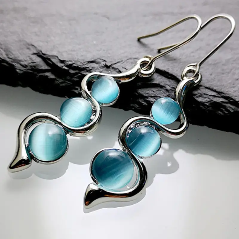 Boho Artificial Gemstone Decor Dangle Earrings As Gift, Turquoise Boho Style Jewelry, Unique Curved Shape Drop Earrings Inlaid with Cat's Eye Stone, Jewelry Accessories for Women, Statement Earrings, Unique Design Earrings, Gifts for Wife, Zircon Inlaid