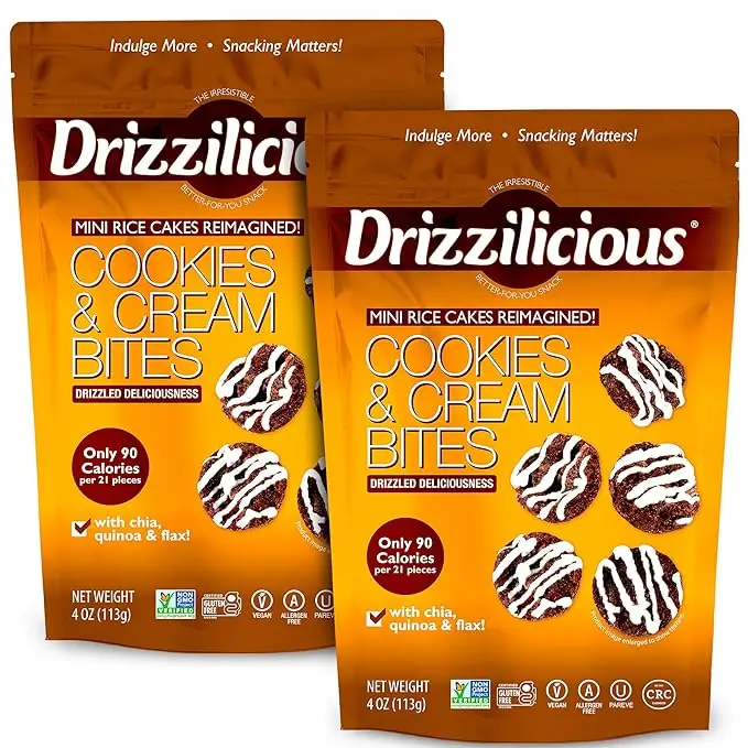 Drizzilicious Cookies & Cream Mini Rice Cakes - Gluten-Free, Vegan, Crunchy & Healthy Snack, 90 Calories per Serving, 4 oz (Pack of 2)