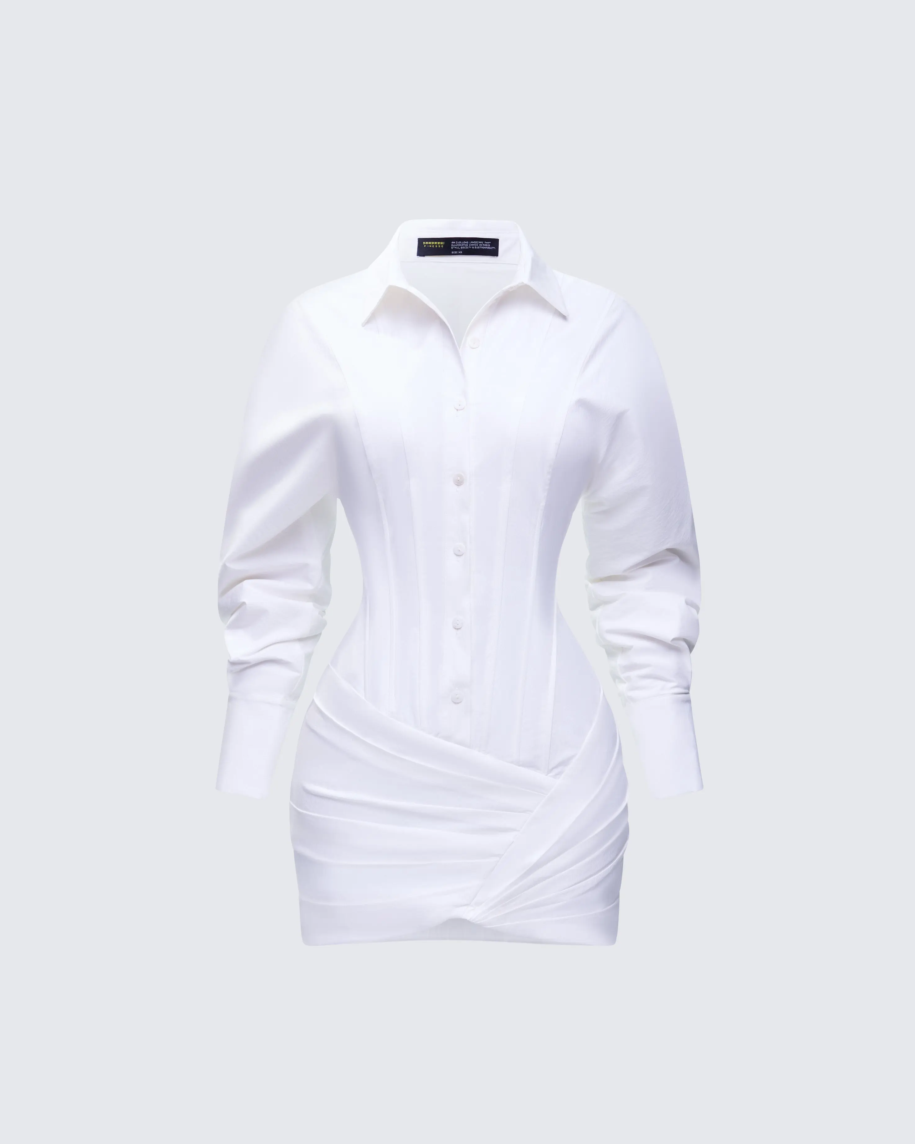 FINESSE Regan Women's White Bodycon Shirt Dress - Fitted Corset Mini with Long Sleeves, Button Cuffs & Asymmetric Wrap Skirt, Business