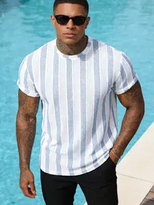 Men's Knitted Striped Stretch Jacquard Crew Neck Short Sleeve T-Shirt, Casual Streetwear Fitted Slim Fit Soft Breathable Tee for Summer, Gym, and Daily Wear