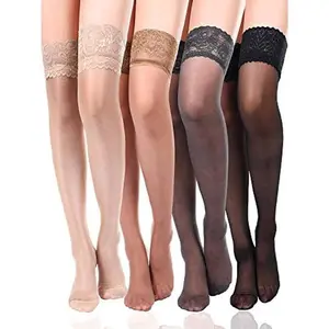 4 Pairs Women Thigh High Stocking Silicone Lace Top Stockings Silky Semi Sheer Tights for Women Halloween Christmas Womenswear Lingerie Basic Black, Grey, Nude, Coffee Festival Minimalist