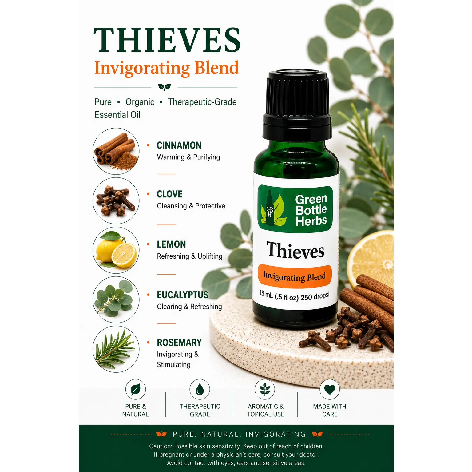 Pure Organic Thieves Essential Oil Blend - Clean, Spicy, Warm Therapeutic Oil with Cinnamon, Non-Toxic for Immune Support & Aromatherapy Wellness
