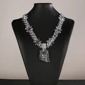 Leavitt Jesus Pendant Clear Barbed Wire Chain Necklace for Men Women Boys Girls 50cm Length 70g Weight Trendy Daily Wear Streetwear Birthday Christmas Gifts Party Accessories Acryl Rhinestone Cuban Link Religious Jewelry