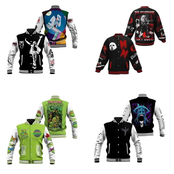 Retro Cartoon Graphic Varsity Jacket | Unisex Baseball Letterman Bomber Coat | Colorful Comic-Inspired Streetwear | Casual Sport Outerwear
