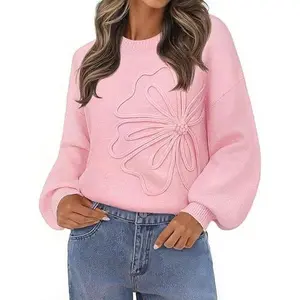 MEROKEETY Women's Floral Sweater Crew Neck Lantern Sleeve 2025 Fall Winter Trendy Warm Chunky Pullover Tops