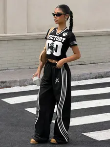 Women's Short Sleeve Letter Print Simple T-Shirt & Pants Set, Casual Sportswear, Sporty Set, Two-Piece, Loose Casual Athleisure for Fall & Winter
