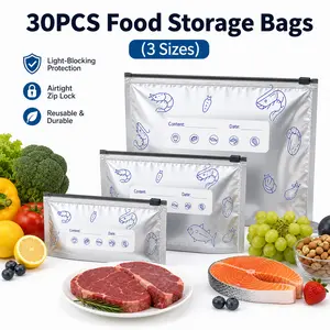 30PCS Aluminum Foil Food Storage Bags (S+M+L), Reusable Zip Lock Freezer Bags, Stand Up Leak-Resistant Foil Bags for Meat, Fruit & Vegetables
