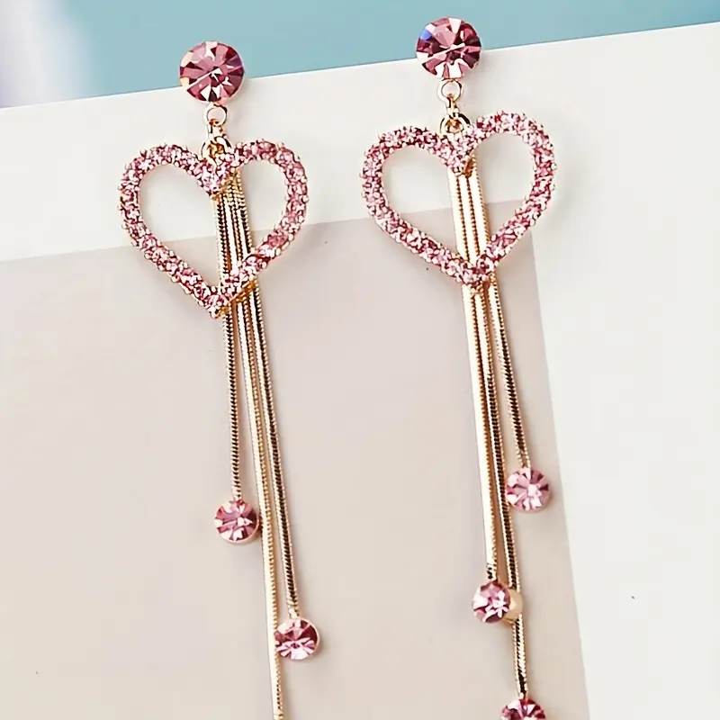 1 Pair Heart-Shaped Rhinestone Tassel Earrings - Zinc Alloy, 925 Sterling Silver Ear Needle, Glitter Style, Cute & Festive Jewelry for All Seasons