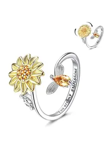 Women Sunflower Bee Jewelry Stainless Steel Spinner Ring, Statement Ring, Adjustable Design for Anxiety Relief & Fashion Accessory