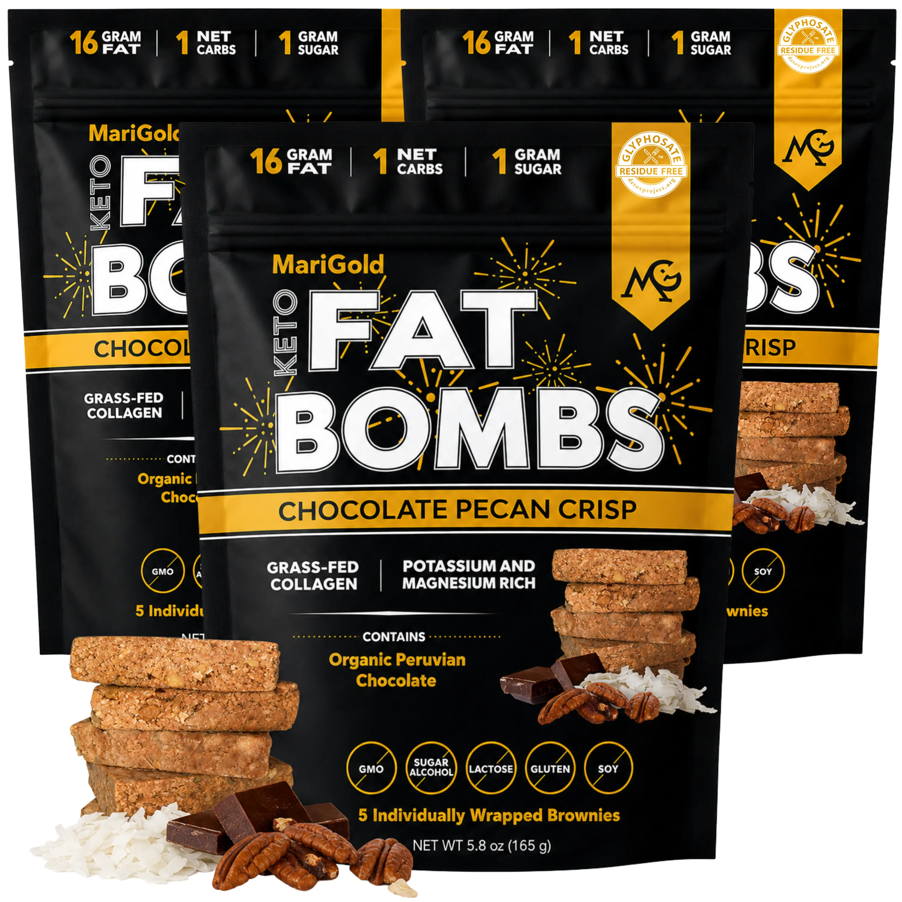 MariGold Keto Fat Bombs - Chocolate Pecan Crisp - 3 PACK (15 Bars) - Low Carb/Collagen Rich, Low Sugar, Organic Grassfed Ghee - Cocoa Butter, Gluten-Free/Non-GMO, Protein Snacks