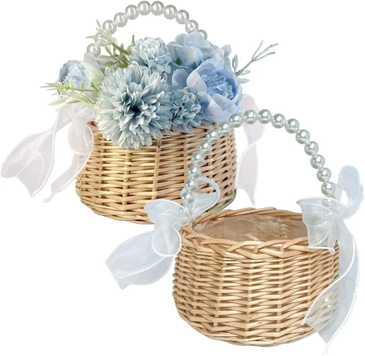 Flower Girl Basket Set of 2, Handwoven Small Flower Basket with Pearl Handle, Ribbon Bow & Plastic Liner for Flower Girl, Wicker Rattan Rustic Wedding Baskets for Home Wedding Decorations