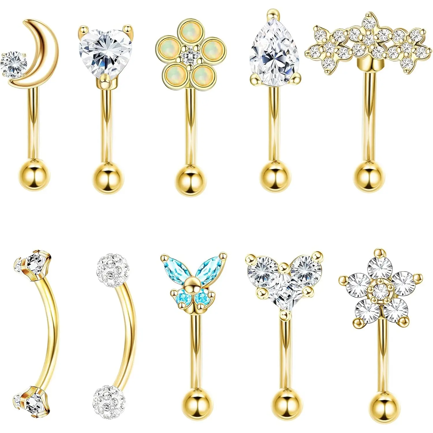 FINREZIO 10 Pcs Golden Shining 316L Surgical Steel Piercing Jewelry for Women Men Rook Daith Earrings 16G Cartilage Surface Tragus Piercing Jewelry Set 6mm Eyebrow Rings Inlaid CZ Opal Turquoise Belly Lip Rings