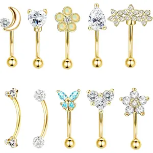 FINREZIO 10 Pcs Golden Shining 316L Surgical Steel Piercing Jewelry for Women Men Rook Daith Earrings 16G Cartilage Surface Tragus Piercing Jewelry Set 6mm Eyebrow Rings Inlaid CZ Opal Turquoise Belly Lip Rings