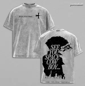 Spike x Cowboy Bebop Anime Double Printed Vintage Washed Tee Unisex Oversize Heavyweight Cotton T-shirt for Anime Fans and Lovers
