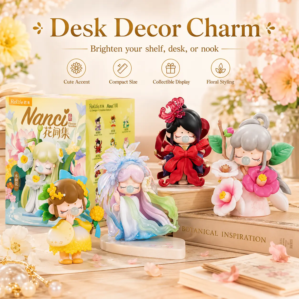 Rolife Nanci Flower's Story Series Cartoon Figurine Blind Bag Collectible - Sealed Surprise Pack with 1 Secret Figure, 12 Regular Figures, Toy Unboxing Item, Cute Collectibles, Choking Hazard for Small Parts