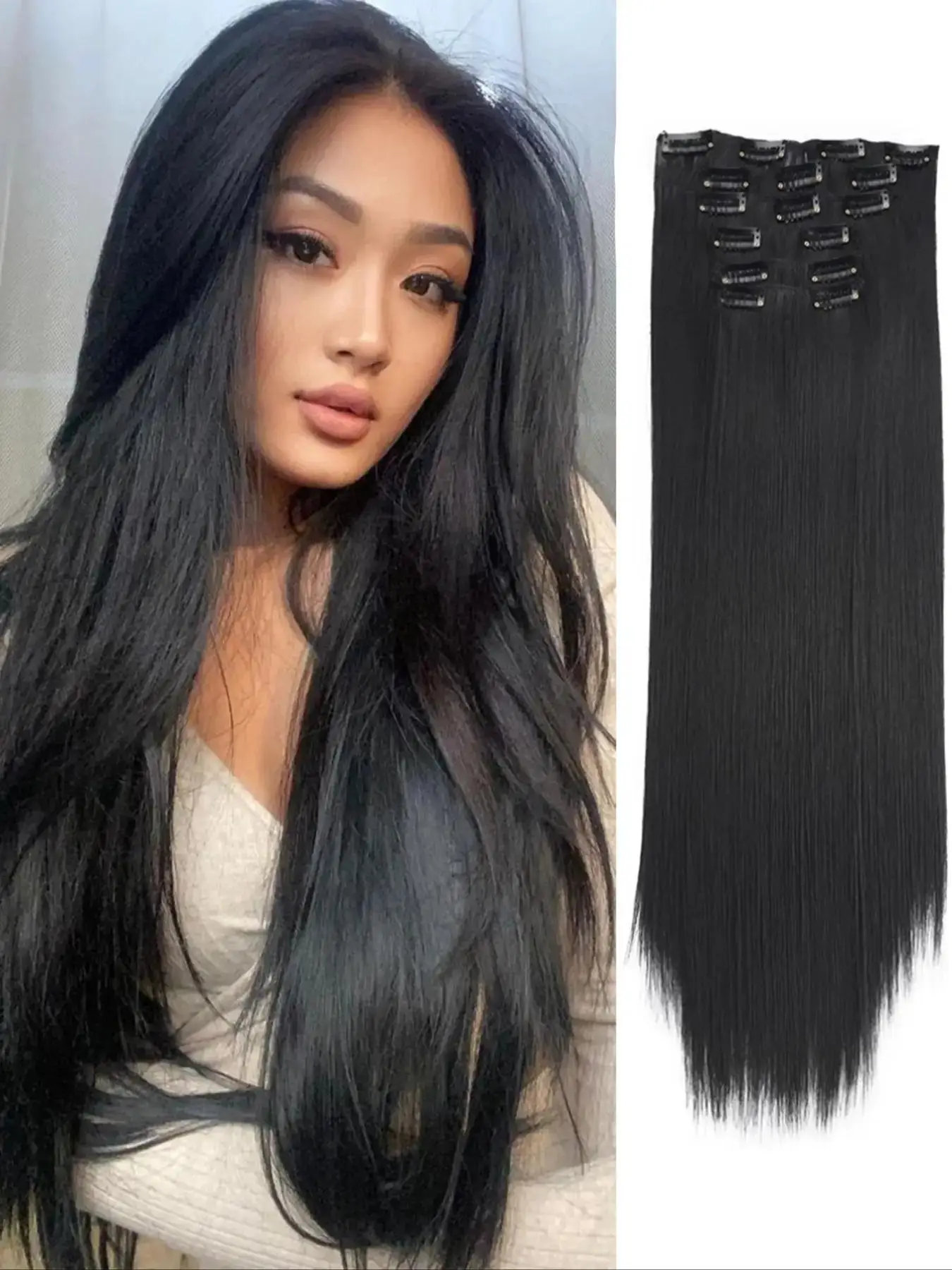 Summer 24 Inch Clip-in Hair Extensions, Long Straight Synthetic Wigs, Heat Resistant Synthetic Wigs, 2024 Trendy Matching Natural Wig Piece