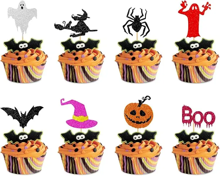 24Pcs Ghost Cupcake Toppers White Glitter Halloween Baby Shower Halloween Cupcake Toppers Ghost Cake Decorations for Birthday Party Decorations