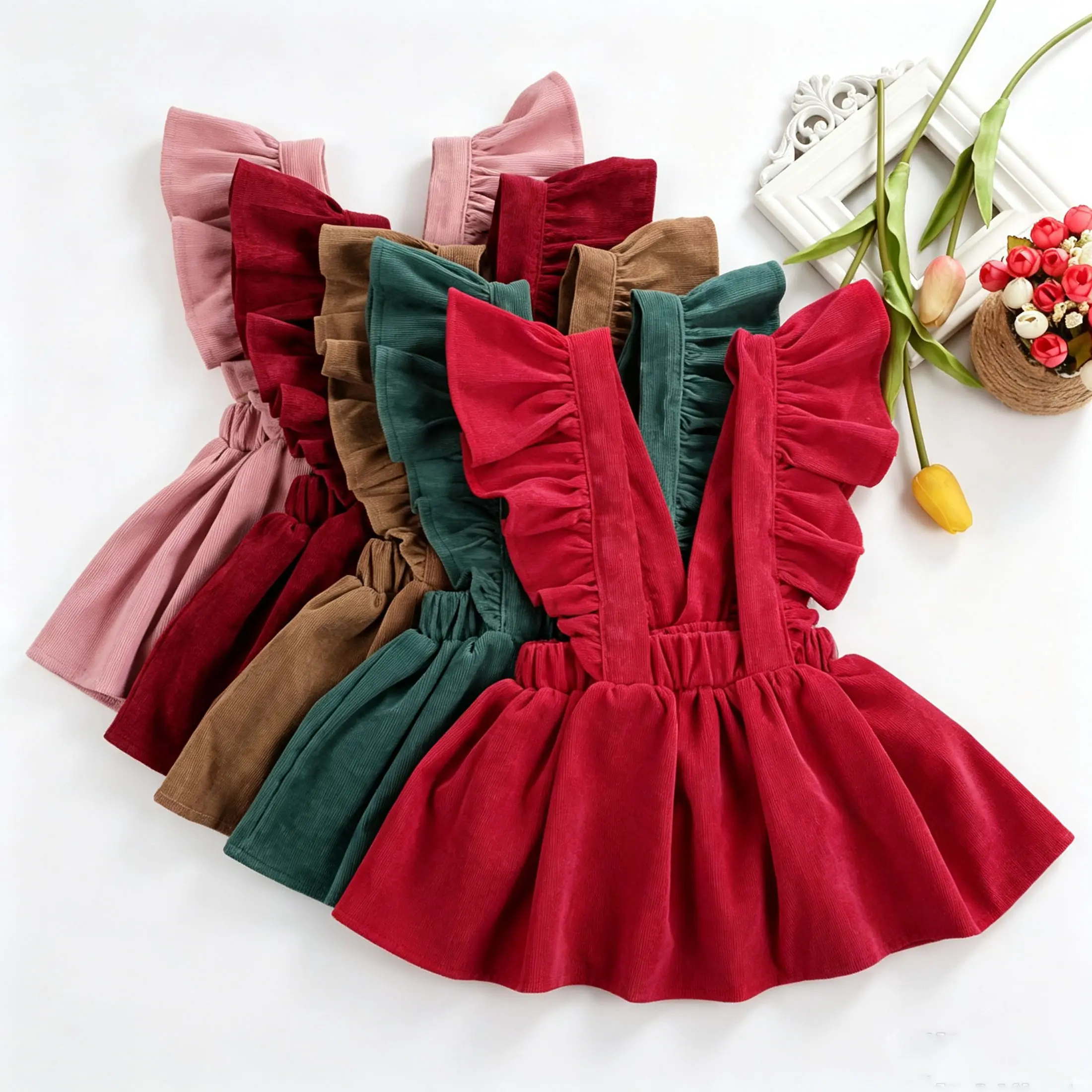 Baby Girls Flying Sleeve Dress Soft Corduroy A-Line Solid Color Strap Dress Fashion Clothes