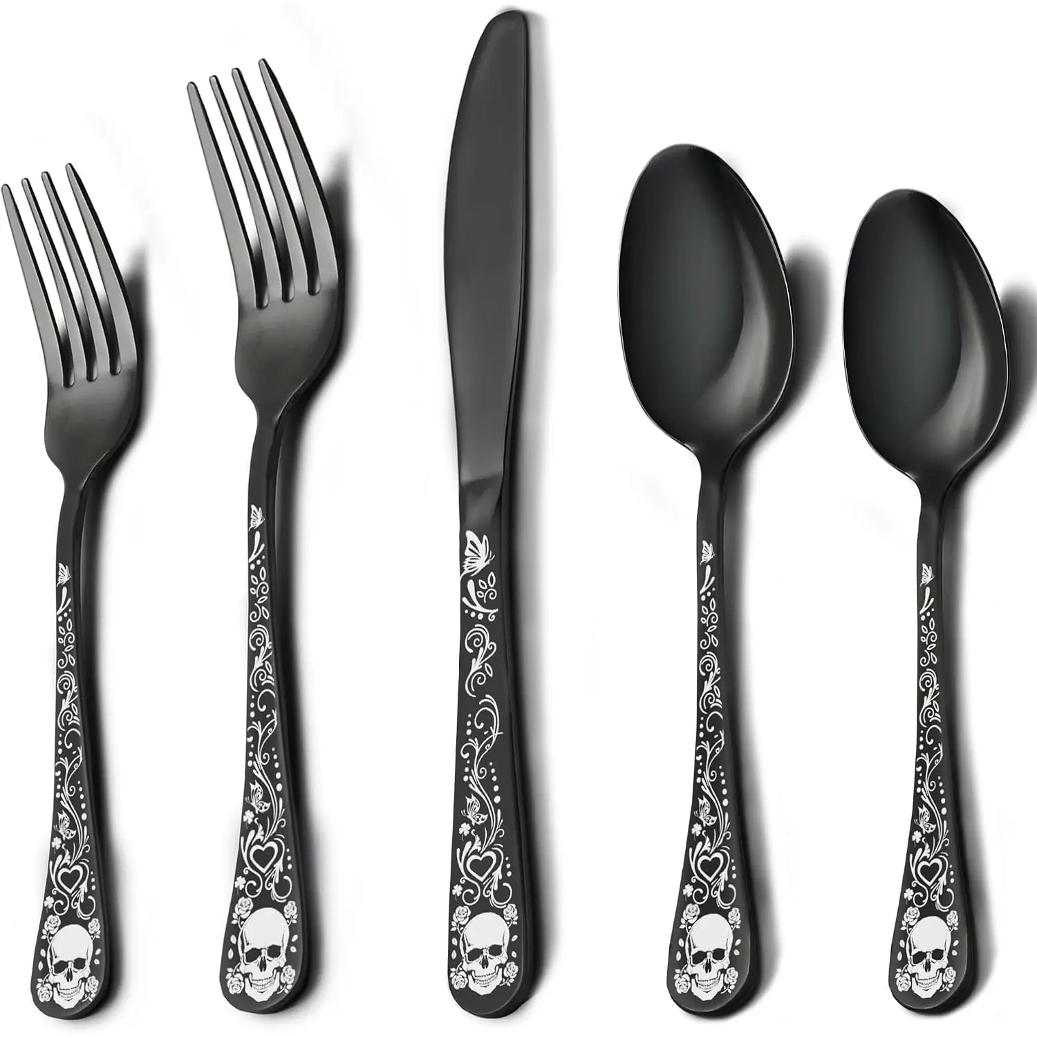Skull Black Silverware Set for 4, 20-Piece Black Flatware Set, Gothic Skeleton Cutlery for Decoration, Halloween, Christmas, Party, Gift, Housewarming