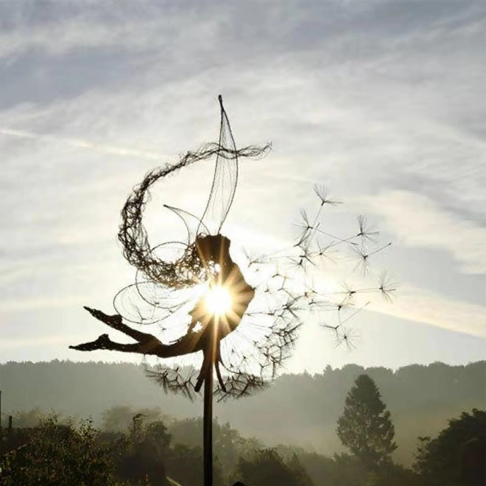 Charming Fairy Dandelion Metal Garden Statue-Strange Outdoor Sculpture with Shiny Fairy and Flowing Thin Fabric Dress, Perfect for Backyard, Park Or Home Decoration, Fairy Garden Accessories