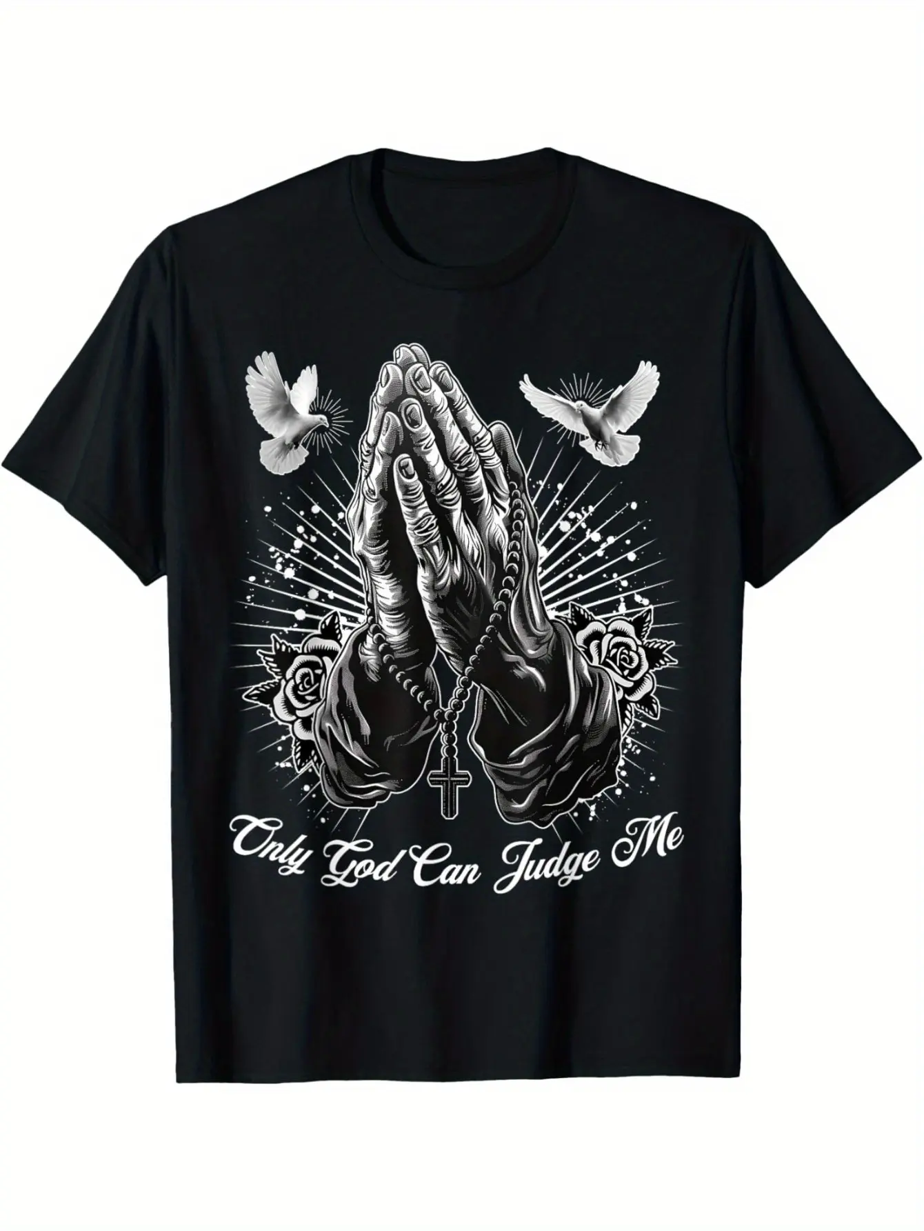 Men's Chicano Style 100% Cotton Short-Sleeve Crew Neck Graphic Tee, "Only God Can Judge Me" Praying Hands Print, Stretch Slogan Top, All-Season Casual Menswear, Tops, Round Neck