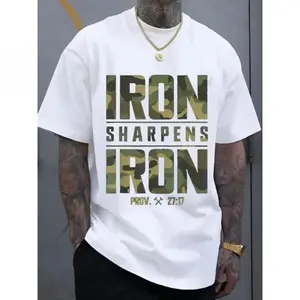Men's Loose-Fit Printed T-Shirt - "Sharpen the axe" and Proverbs 27:17 Bible Verse design, geometric print casual street style T-shirt, breathable summer top, machine washable, summer fashion|     Durable fabric