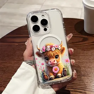 Highland Cow Themed Phone Case with Floral Crown Durable Anti-Shock Hard Shell & Strong Magnetic Ring for iPhone 17 16 15 14 13 12 11 X XR XS Max Pro Plus Mini Air