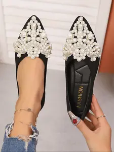 Women's Elegant Ballet Flats with Faux Pearls Decoration, Pointed Toe Design Perfect for Valentine's Day & Daily Wear