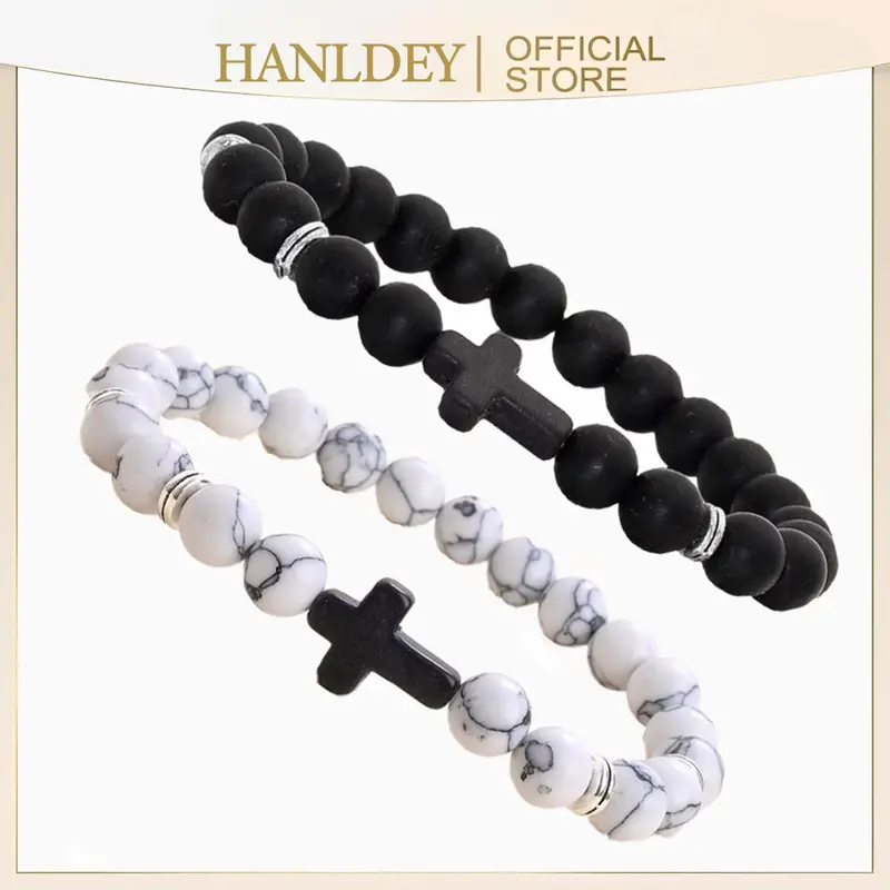 Cross Bracelets Natural Stone Stainless Steel Cross Elastic Rope Map Lava Bead Bracelet For Men Women Charm Jewelry