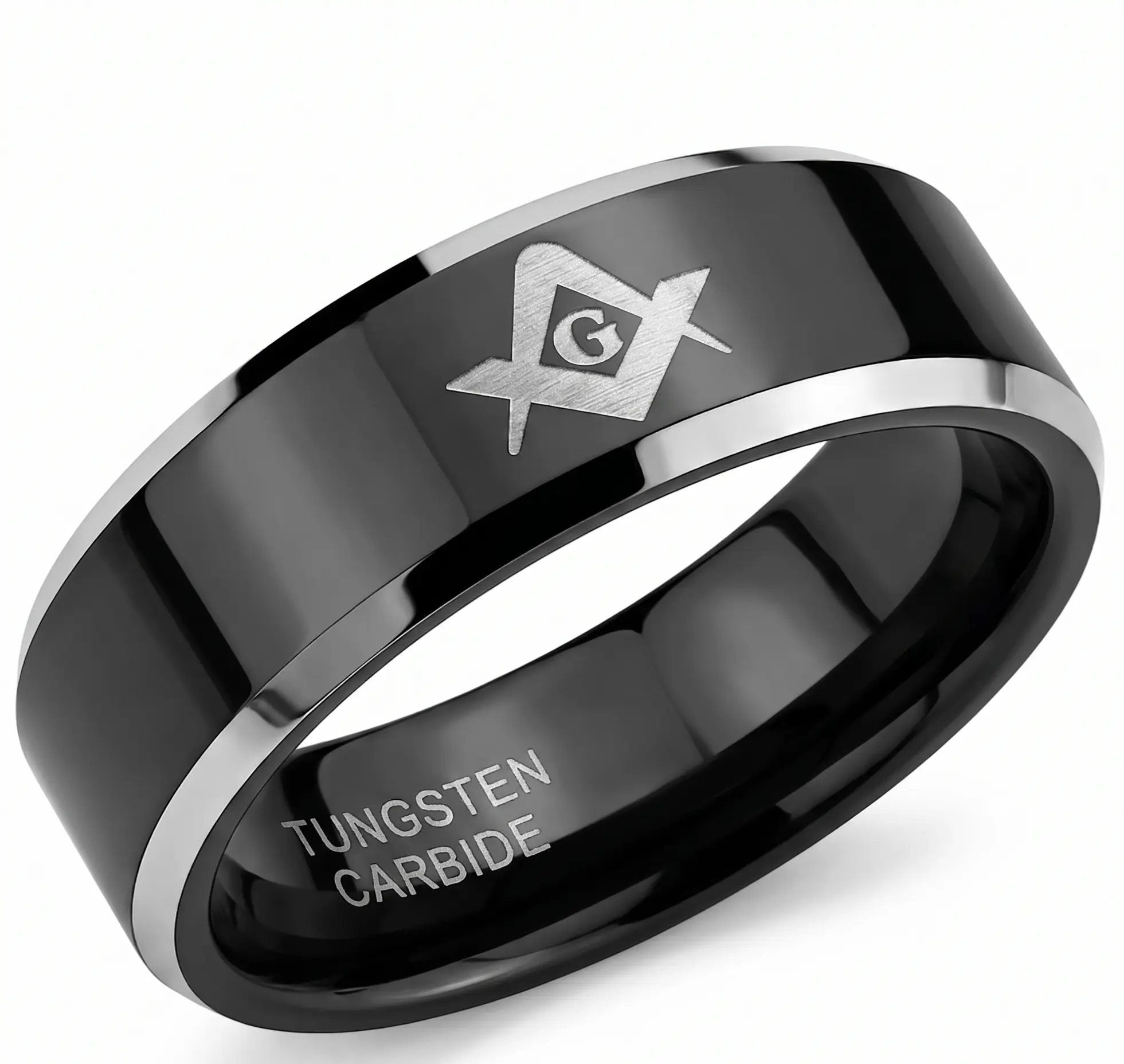 Men's 8mm Black Tungsten Carbide Masonic Ring – Freemason Square & Compass Band with Beveled Edges