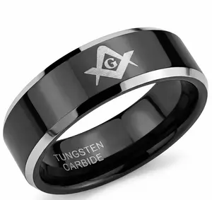 Men's 8mm Black Tungsten Carbide Masonic Ring – Freemason Square & Compass Band with Beveled Edges