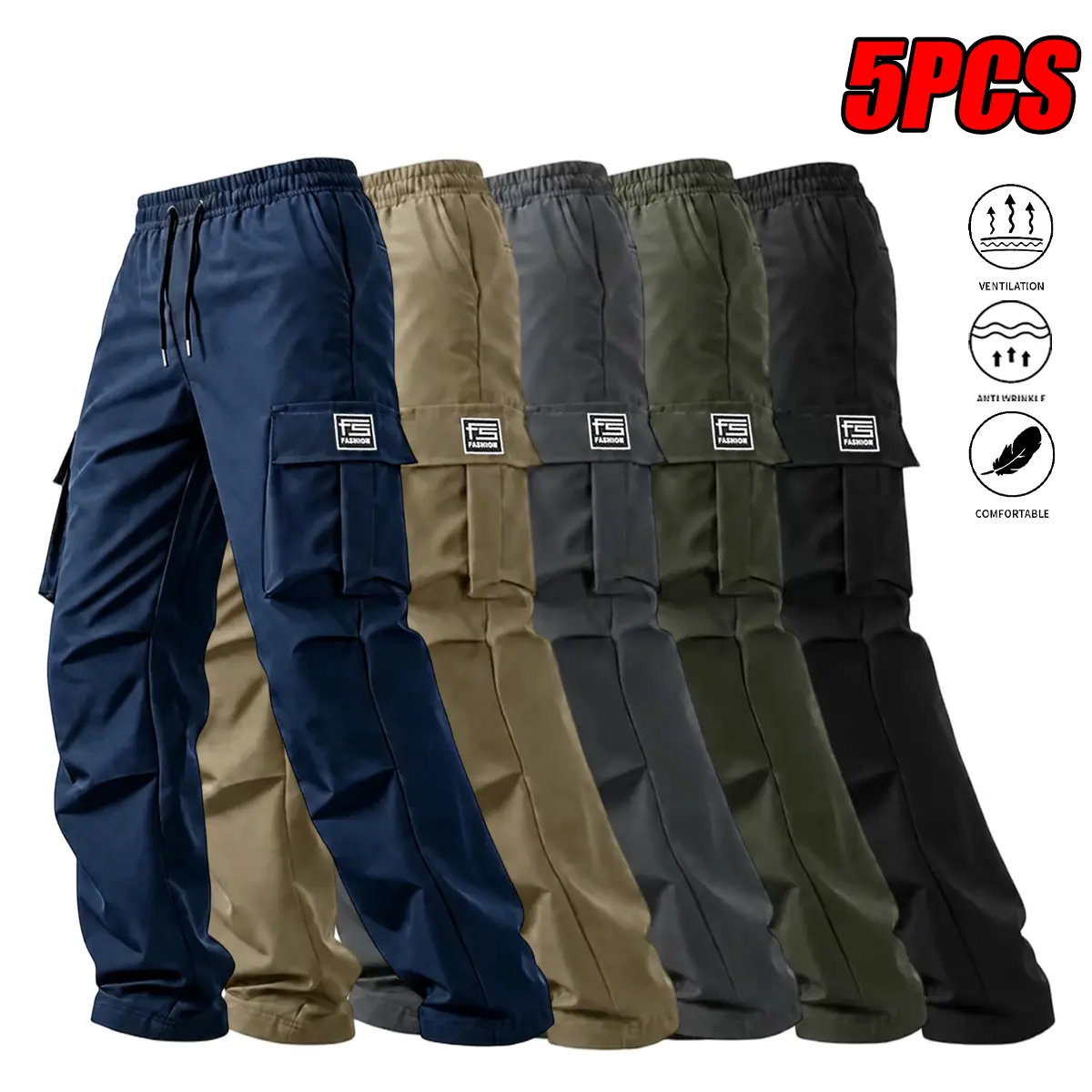 5-pack men’s casual cargo pants, solid color flap pockets, long cargo trousers, practical loose fit, comfortable, elastic waistband with drawstring, multiple pockets including large pockets, machine washable, suitable for going out and casual wear