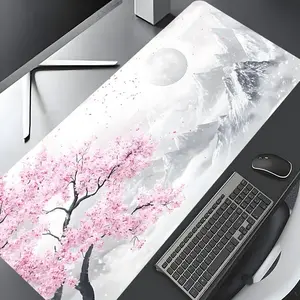 Japanese Cherry Blossom Snow Mountain Design Large Gaming Mouse Pad, Washable Non-Slip Rubber, Multi-Size, Ideal for Home Office, Desk Accessories, Great Gift