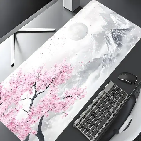 Japanese Cherry Blossom Snow Mountain Design Large Gaming Mouse Pad, Washable Non-Slip Rubber, Multi-Size Desk Accessory for Home Office, Great Gift, Desktop Accessory